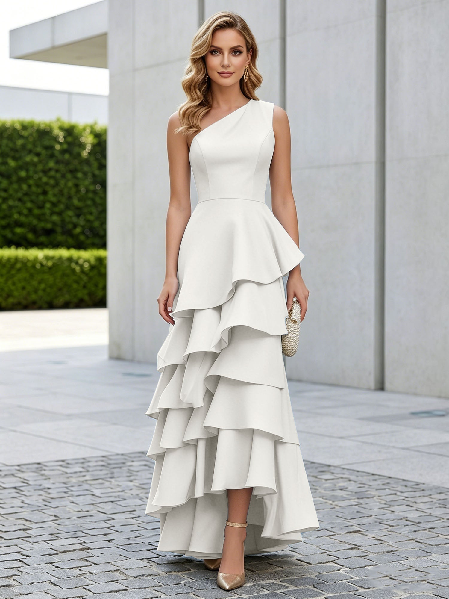 One Shoulder Tiered Ruffle Satin Mermaid Evening Gown with Sculptural Layers