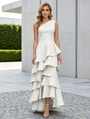 One Shoulder Tiered Ruffle Satin Mermaid Evening Gown with Sculptural Layers