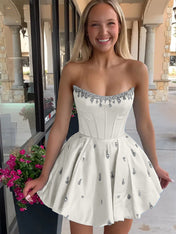 Sparkly Satin A Line Short Corset Homecoming Dress with Rhinestones