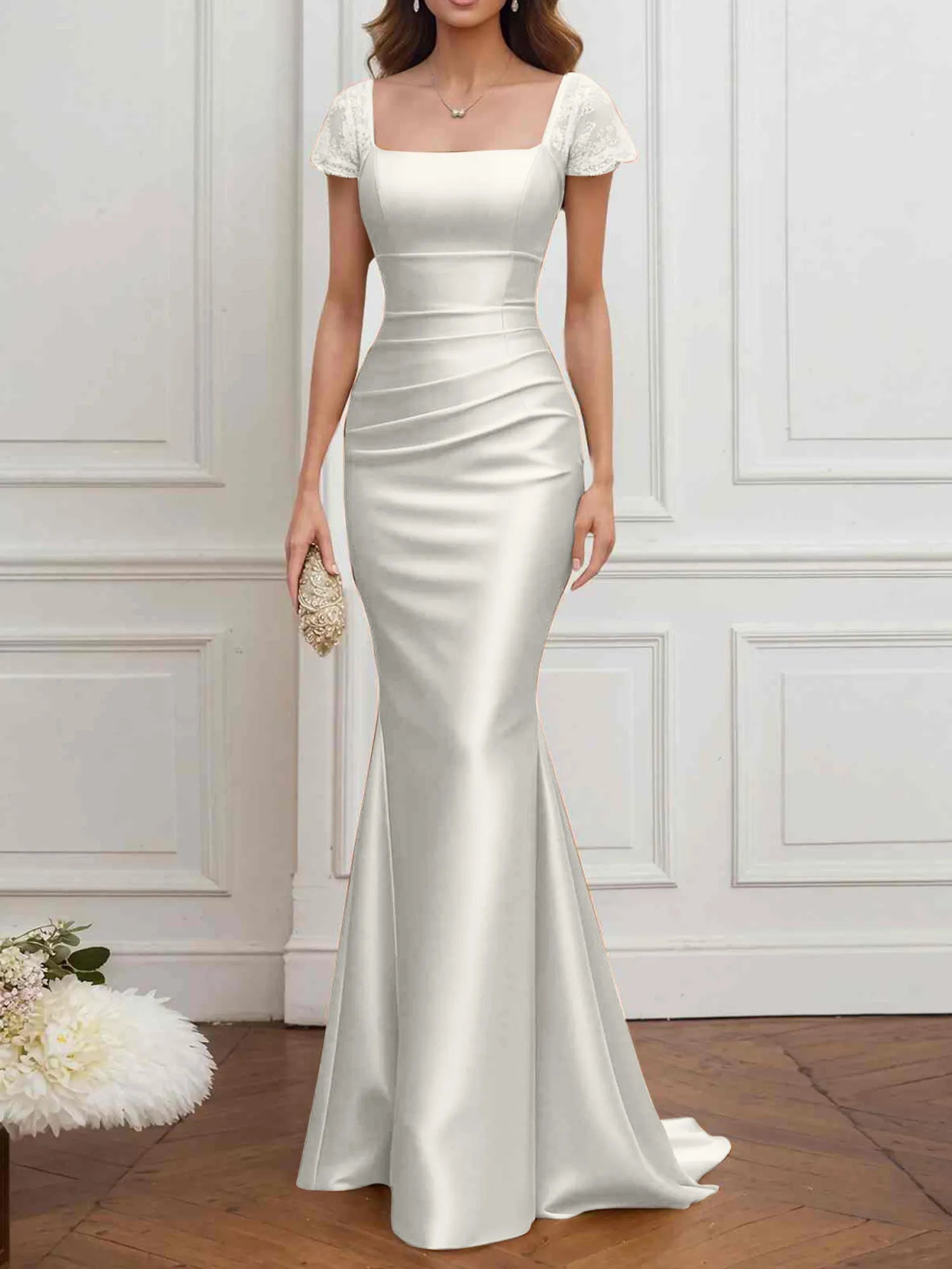 Mother of the Bride Dress Champagne Satin Square Neck Maxi Dress