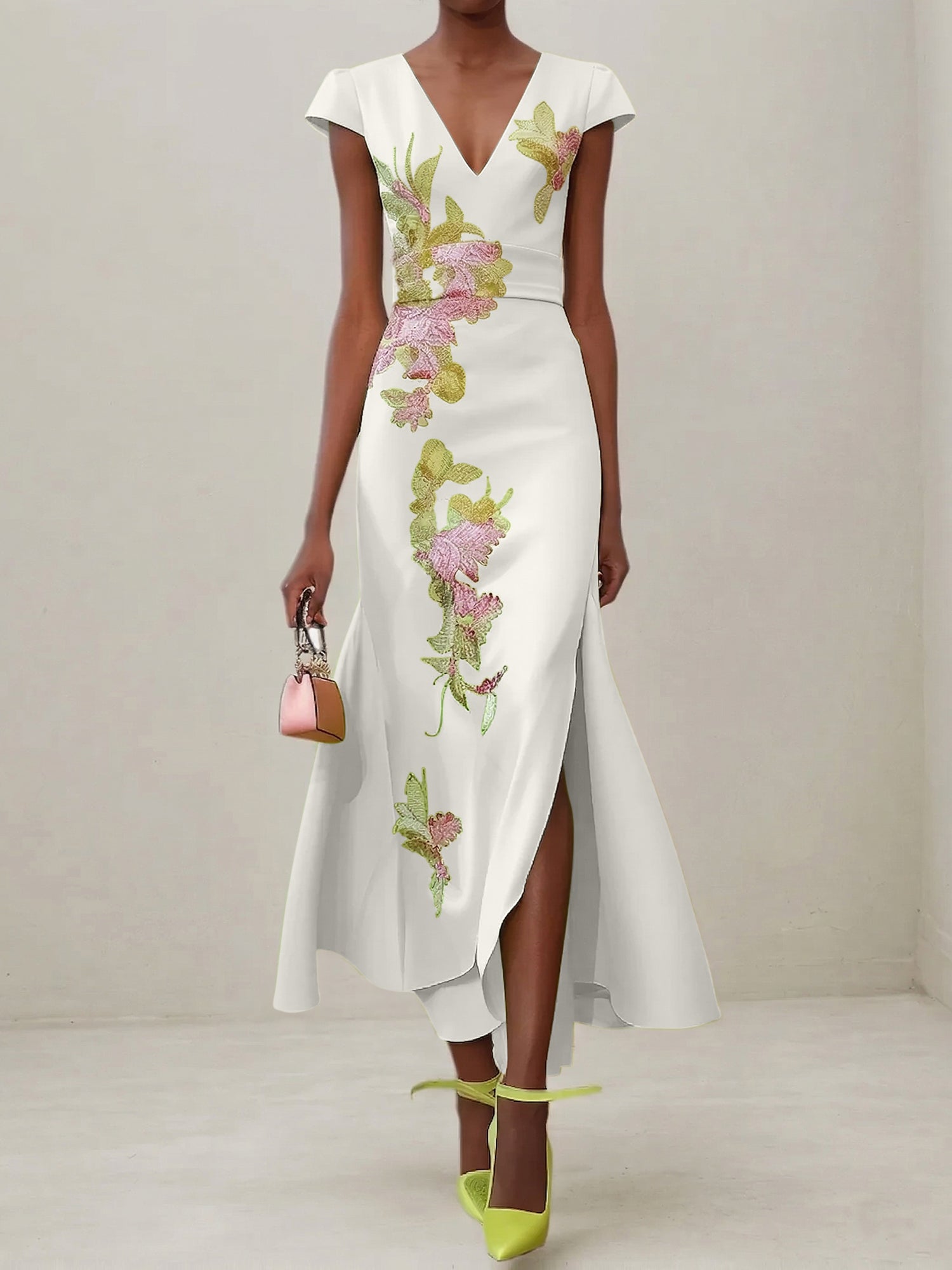Green Floral V Neck Embroidered Cap Sleeve Slit Sheath Maxi Dress