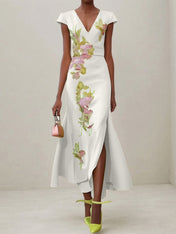 Green Floral V Neck Embroidered Cap Sleeve Slit Sheath Maxi Dress