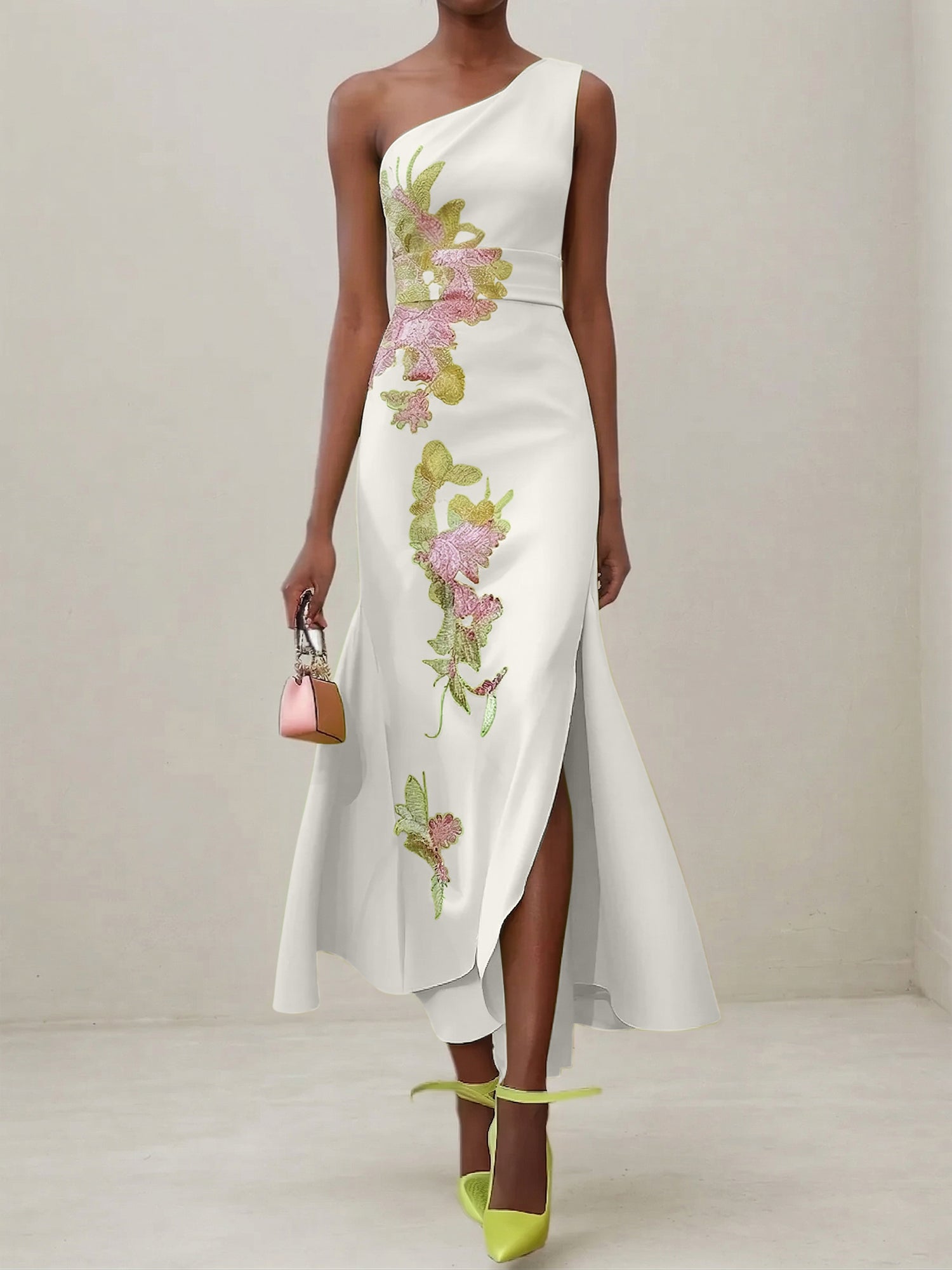 Green Floral One Shoulder Embroidered Cap Sleeve Slit Sheath Maxi Dress