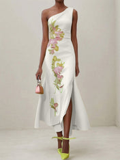 Green Floral One Shoulder Embroidered Cap Sleeve Slit Sheath Maxi Dress