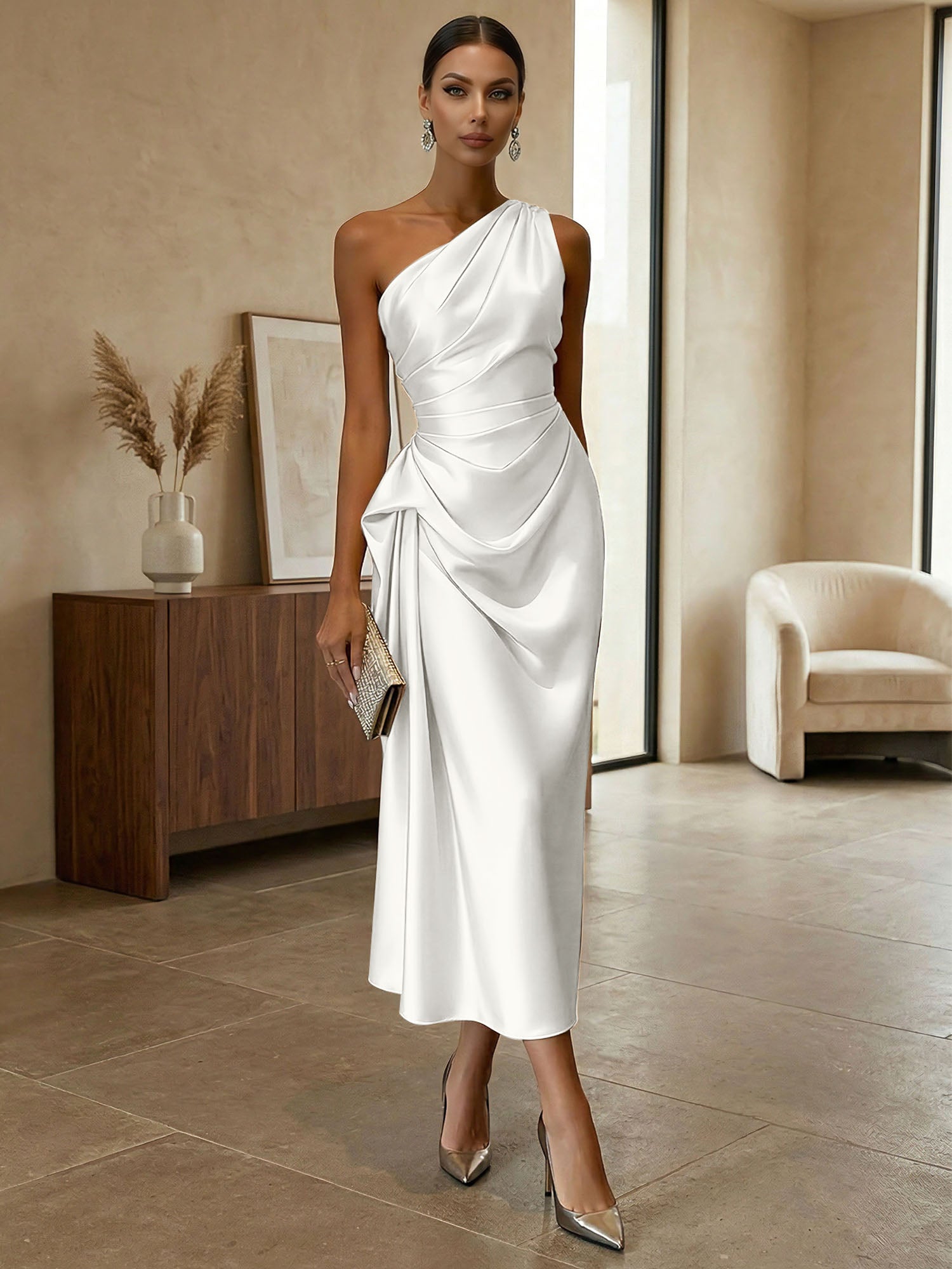 Champagne Ruched Satin One Shoulder Sleeveless Sheath Midi Dress