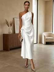 Champagne Ruched Satin One Shoulder Sleeveless Sheath Midi Dress