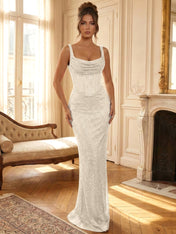 Sparkly Blue Shimmer Cowl Neck Corset Prom Dress