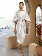 Half Sleeves Mermaid Satin Tea Length Long Evening Dresses with 3D Flower