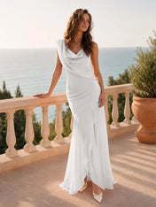 One-Shoulder Draped Chiffon Floor-Length Evening Dresses with Long Cape Sash