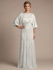Bateau Neck Satin Evening Gown with 3/4 Batwing Sleeves Mother of The Bride Dresses