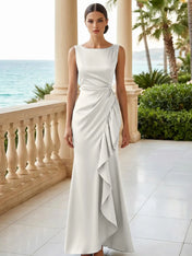 Dusty Blue Scoop Neck Evening Dress with Ruffle Mermaid Maxi Dress