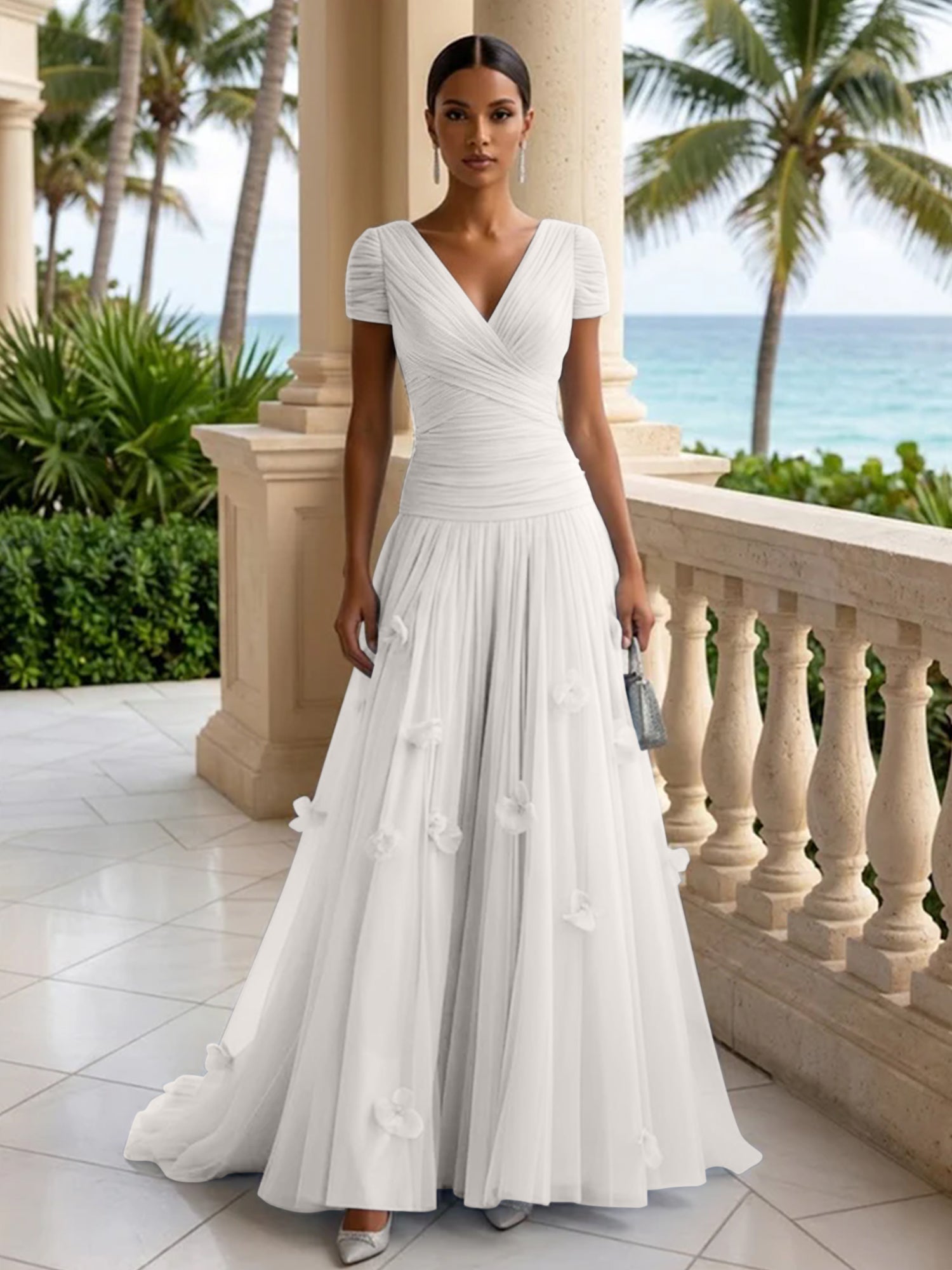 Light Blue Short-Sleeve Tulle Gown Evening Dress with 3D Flower V Neck Pleat Maxi Dress