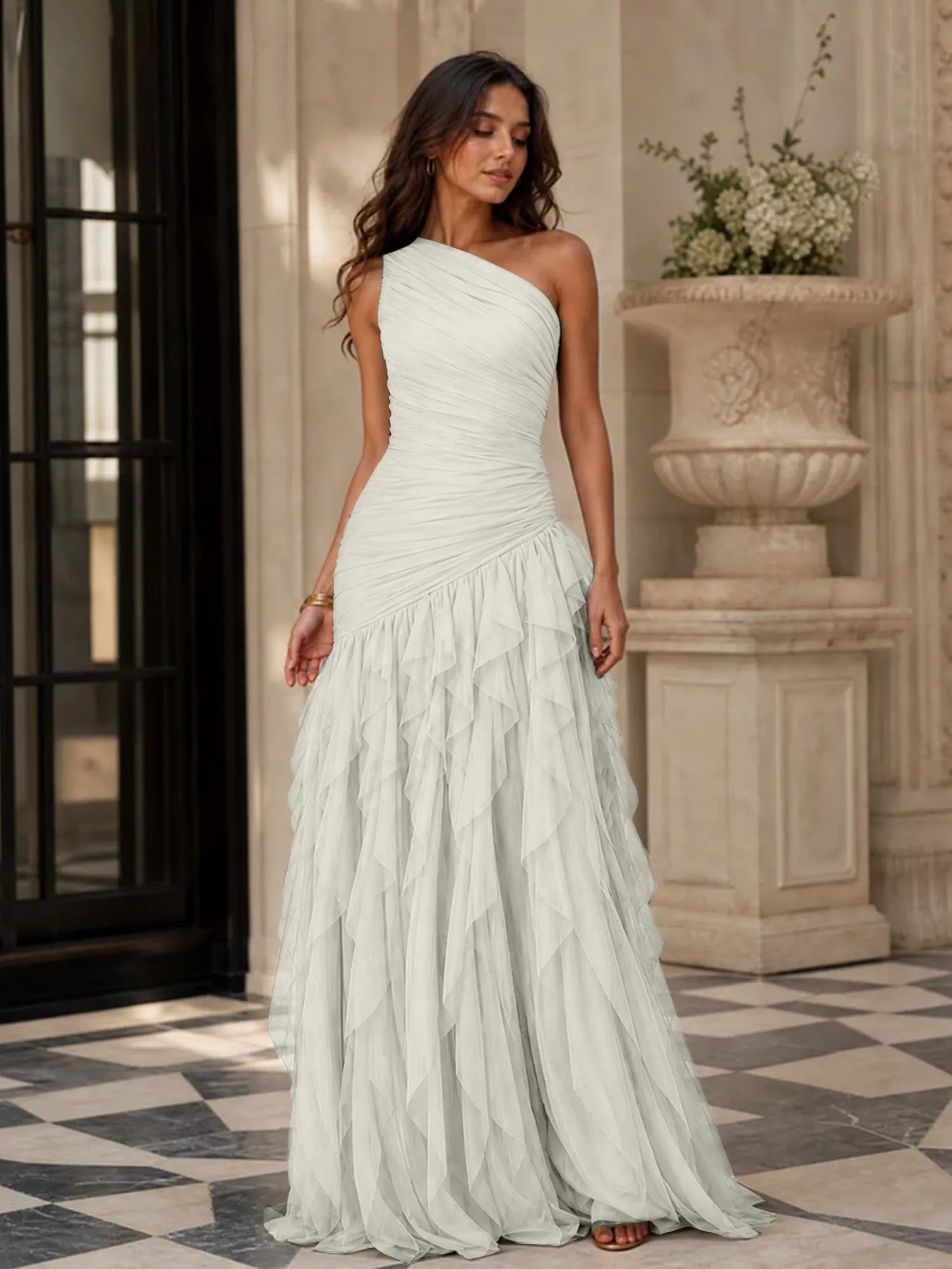 Emerald Green One-Shoulder Ruched Asymmetric Ruffle Chiffon Floor-Length Gown Dress