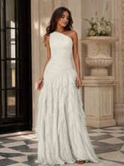 Emerald Green One-Shoulder Ruched Asymmetric Ruffle Chiffon Floor-Length Gown Dress