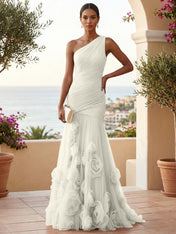 Sweetheart Tulle Pleat One Shoulder Mermaid Evening Dresses Gown with 3D Flower