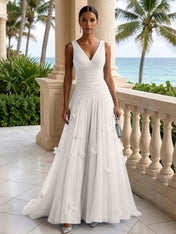 Light Blue Evening Dress with 3D Flower V Neck Pleat Maxi Dress