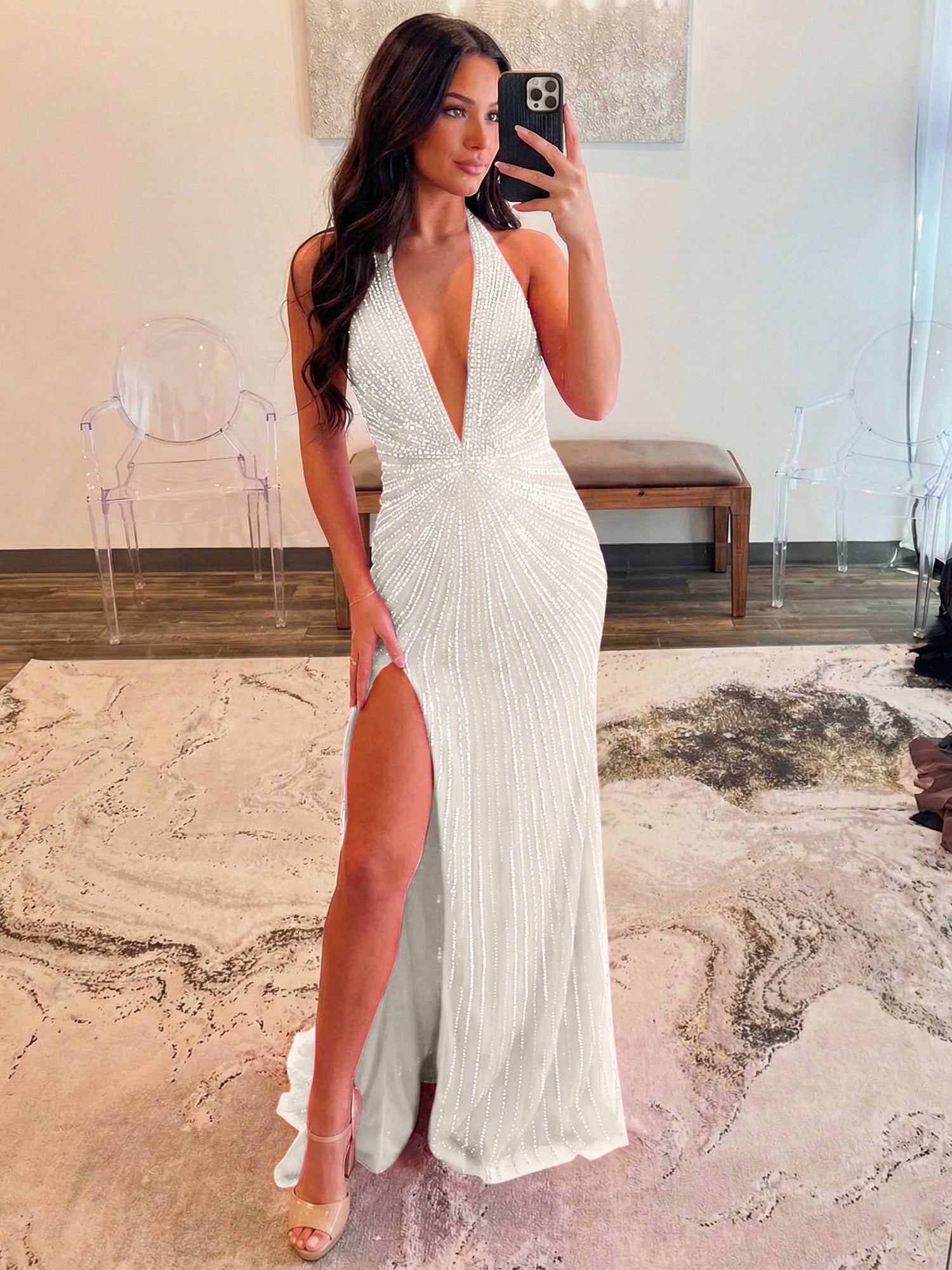 Hot Pink Starburst Beaded Halter Long Prom Dress with Slit