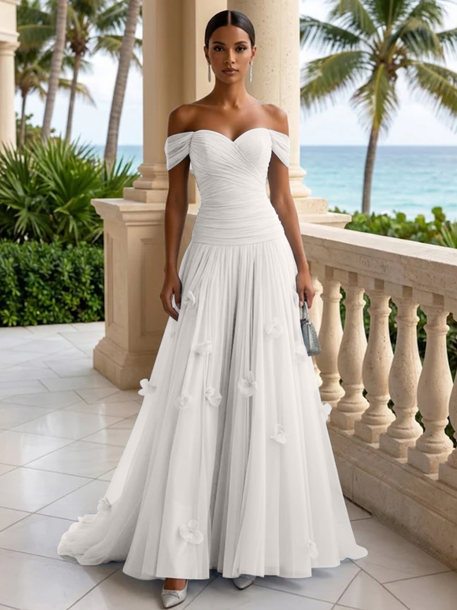 Light Blue Evening Dress with 3D Flower Off The Shoulder Pleat Maxi Dress
