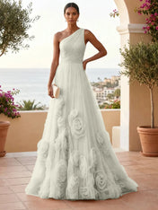 One-Shoulder Sweetheart Tulle Ball Gown with 3D Floral Accents Evening Dresses