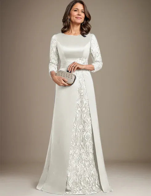Robe de mère de la mariée en satin et dentelle, coupe trapèze, longueur au sol, avec appliques 