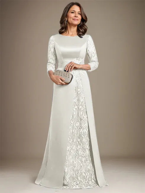 A-Line Scoop Floor-Length Lace Satin Mother Of the Bride Dress With Applique