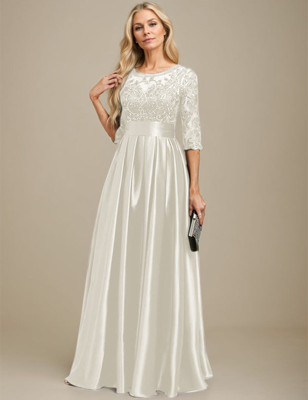 A-line Scoop Illusion Floor-Length Stretch Satin Lace Mother of the Bride Dress With Bow Sequins