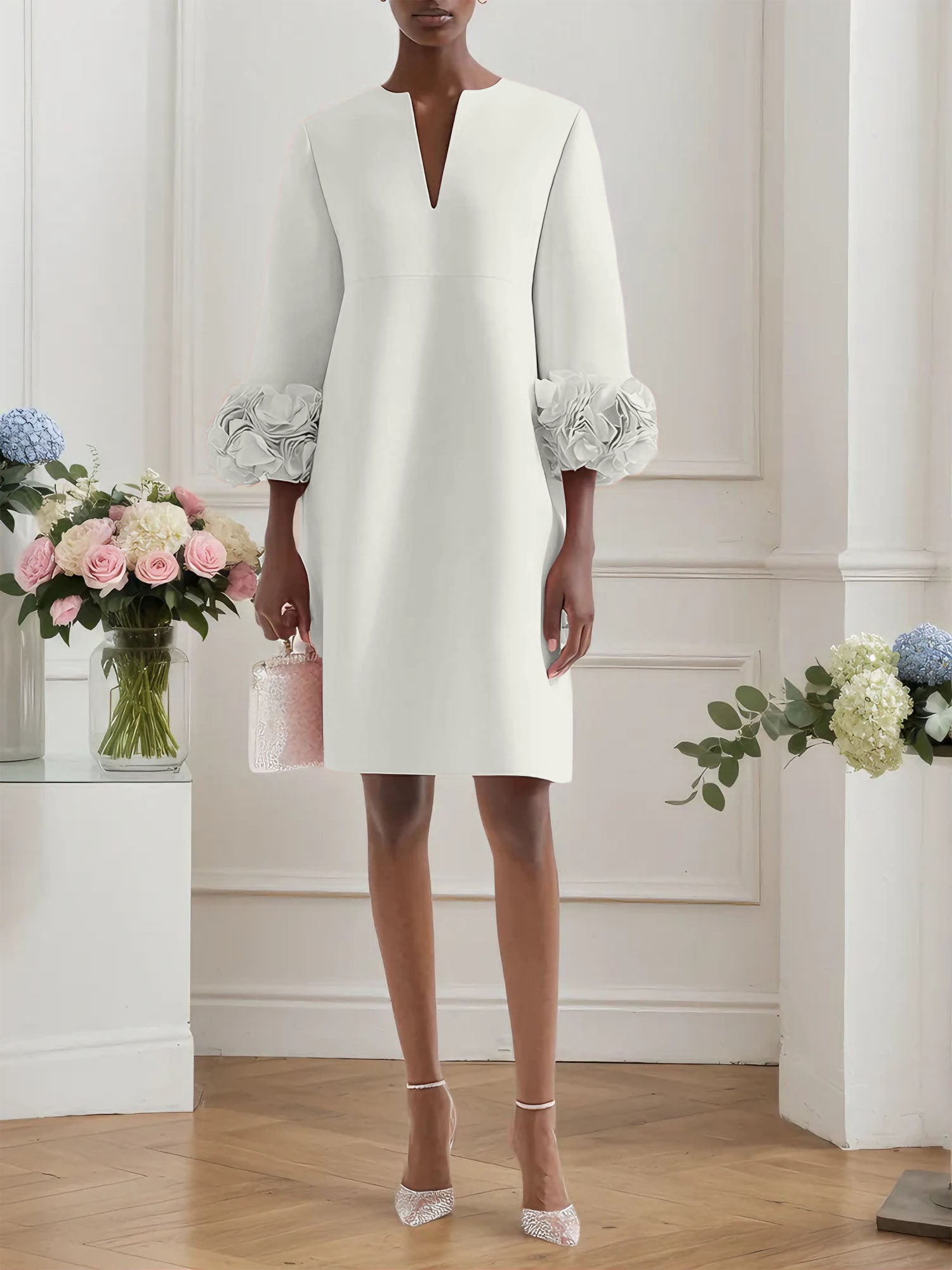 Pink 3D Floral Classic Notched Long Sleeve A-Line Midi Dress