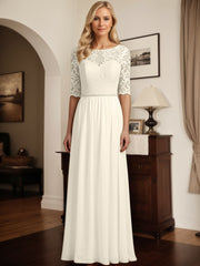 A-Line Scoop Neck 1/2 Sleeves Chiffon Mother Of The Bride Dresses With Appliques Lace