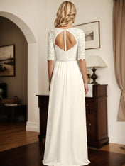 A-Line Scoop Neck 1/2 Sleeves Chiffon Mother Of The Bride Dresses With Appliques Lace
