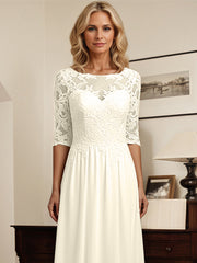 A-Line Scoop Neck 1/2 Sleeves Lace Chiffon Mother Of The Bride Dresses With Appliques
