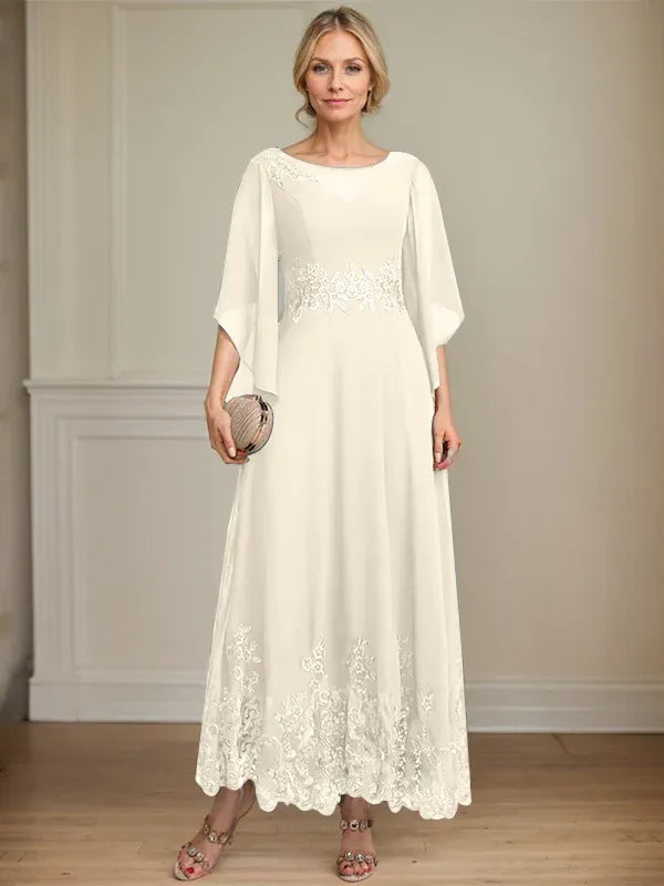 Robe de mère de la mariée trapèze en mousseline de soie et dentelle, longueur cheville, décolleté en V, illusion, avec paillettes 