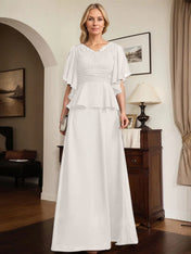 A-line V-Neck Floor-Length Chiffon Mother of the Bride Dress With Pleated Beading