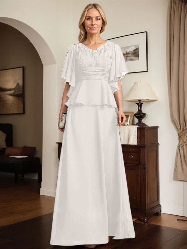 A-line V-Neck Floor-Length Chiffon Mother of the Bride Dress With Pleated Beading
