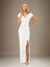 Sheath/Column V Neck Short Sleeve Floor Length Chiffon Dress With Cascading Ruffles