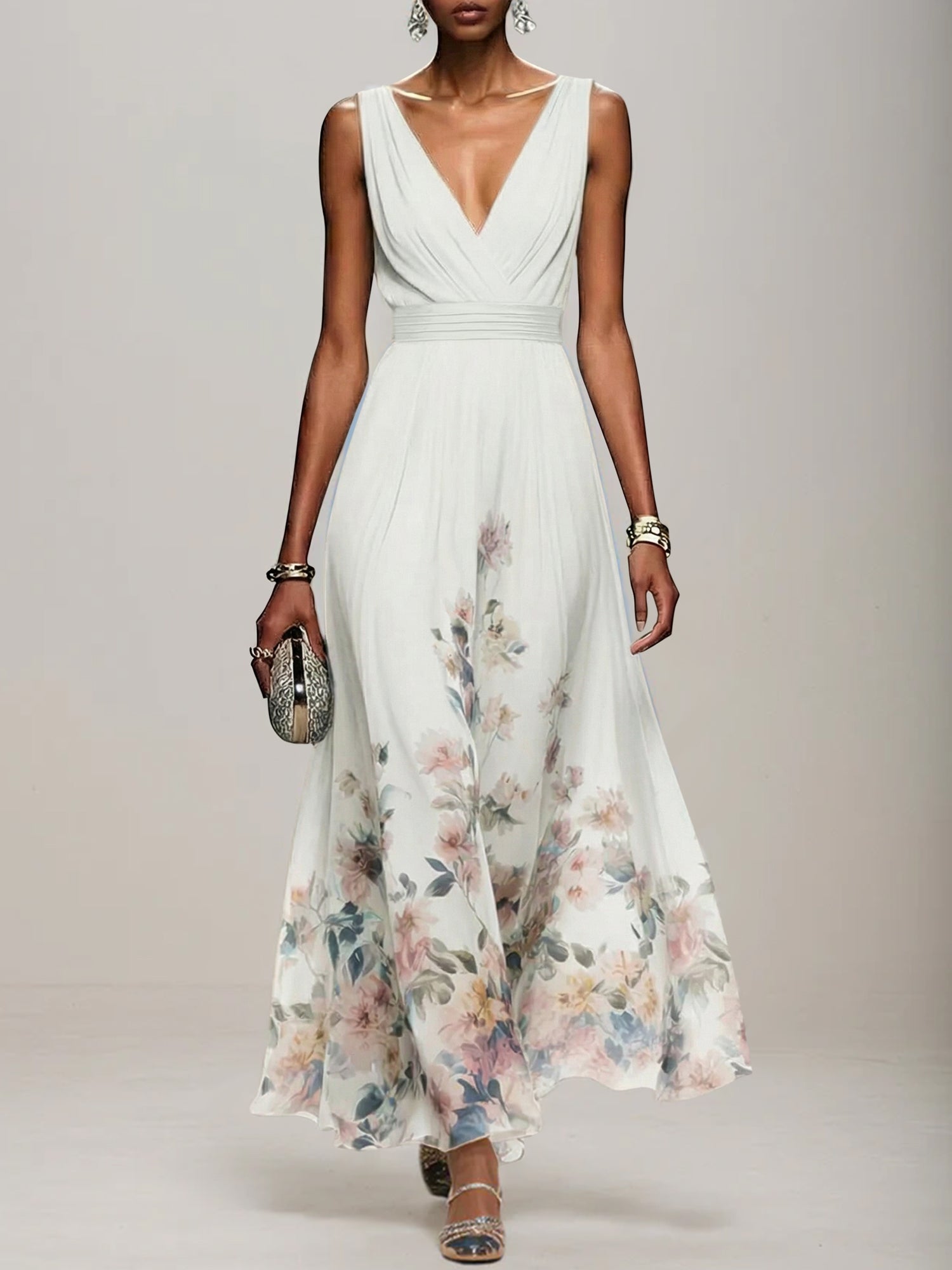 Light Blue Floral Chiffon V Neck Sleeveless A Line Maxi Dress