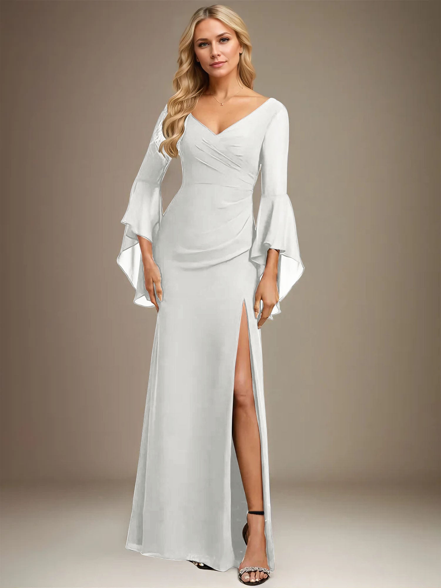 Column V-Neck Floor-Length Chiffon Dress With Pleated
