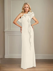 Navy Stretch Crepe Sheath/Column One Shoulder Floor Length Mother of the Bride Dresses With Ruffles