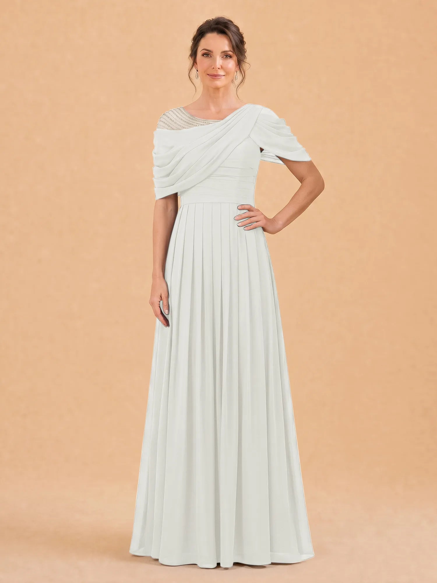 One-Shoulder Cape Overlay Chiffon Mother of the Bride Dress