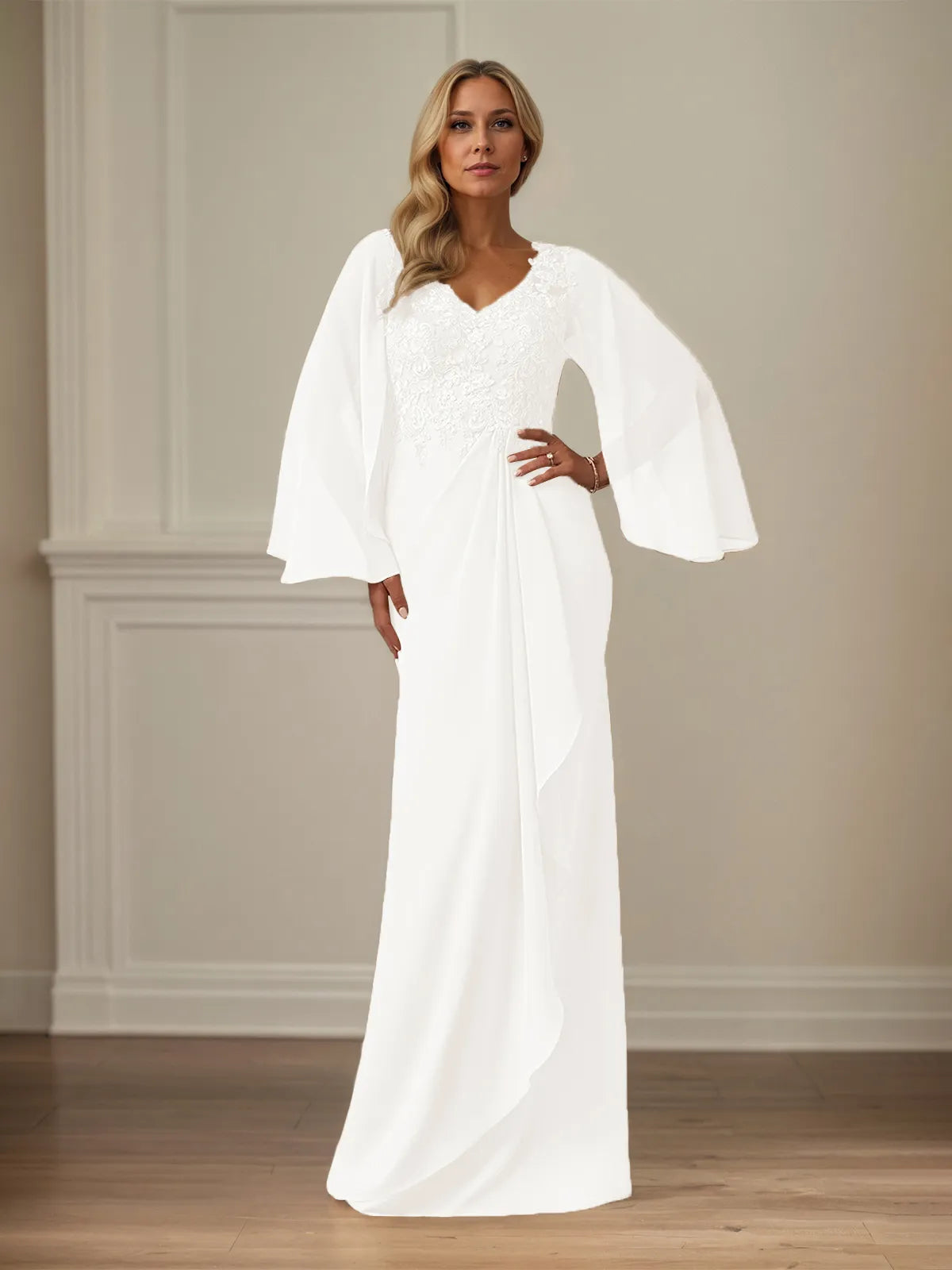 Column Chiffon V Neck Long Sleeves Floor Length Mother of the Bride Dresses With Appliques