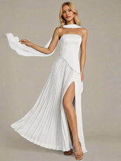 Navy A Line Satin Off The Shoulder Sleeveless Floor Length Dress