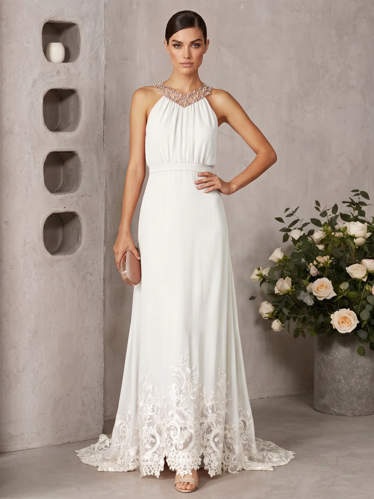 Pink Beaded Ruched Chiffon Halter Sleeveless A-Line Gown Maxi Dress