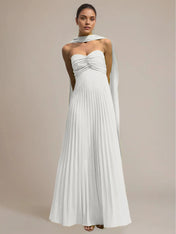 Green Chiffon A Line Off The Shoulder Sleeveless Floor Length Pleated Dress