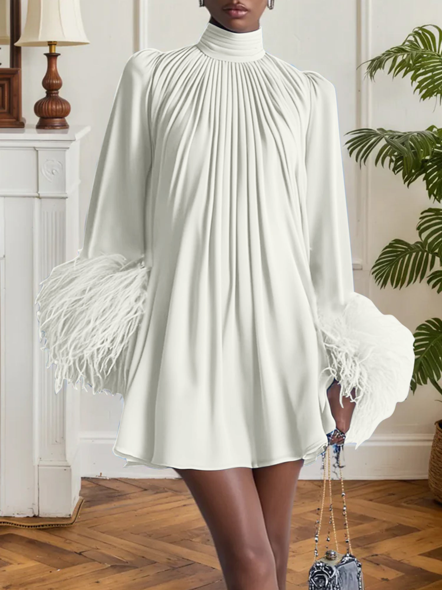 Blue Feather Ruched Chiffon Mock Neck Long Sleeve A-Line Mini Dress