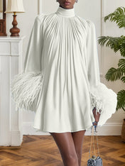 Blue Feather Ruched Chiffon Mock Neck Long Sleeve A-Line Mini Dress