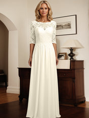 A-Line Scoop Neck 1/2 Sleeves Lace Chiffon Mother Of The Bride Dresses With Appliques