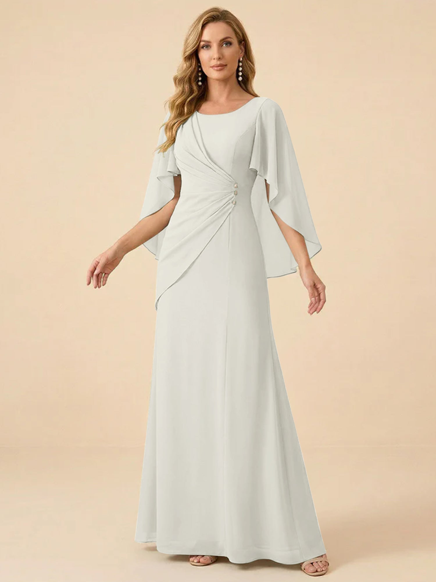 Sage Green Chiffon Beaded Mother of the Bride Dress with Cape Sleeves