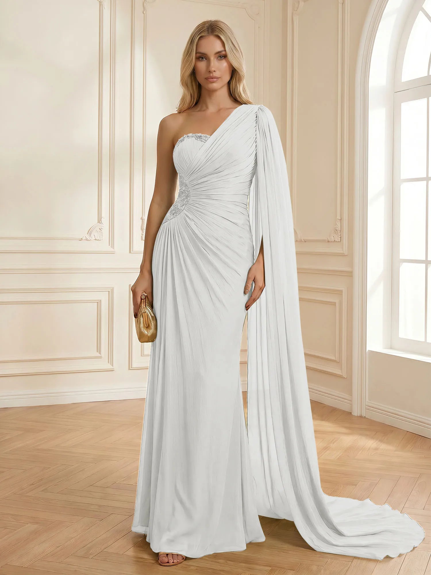 Sage Green One Shoulder Beaded Evening Gown with Cape Sleeve