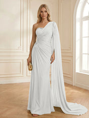 Sage Green One Shoulder Beaded Evening Gown with Cape Sleeve