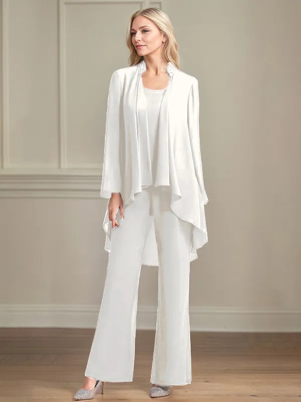 Chiffon Scoop Neck Long Sleeves Floor Length Mother Of The Bride Pantsuits