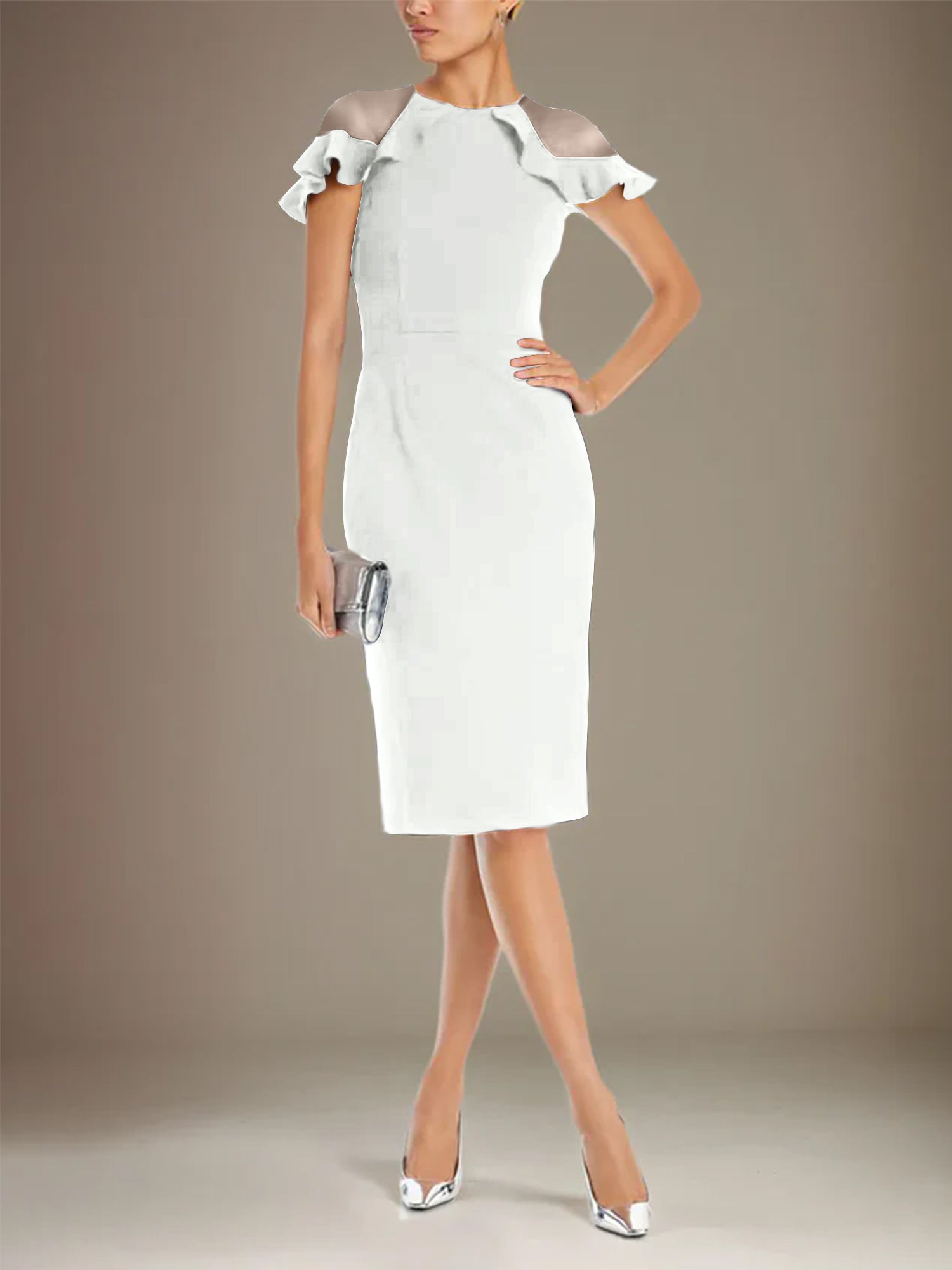 Column Stretch Crepe Scoop Short Sleeves Knee Length Dress